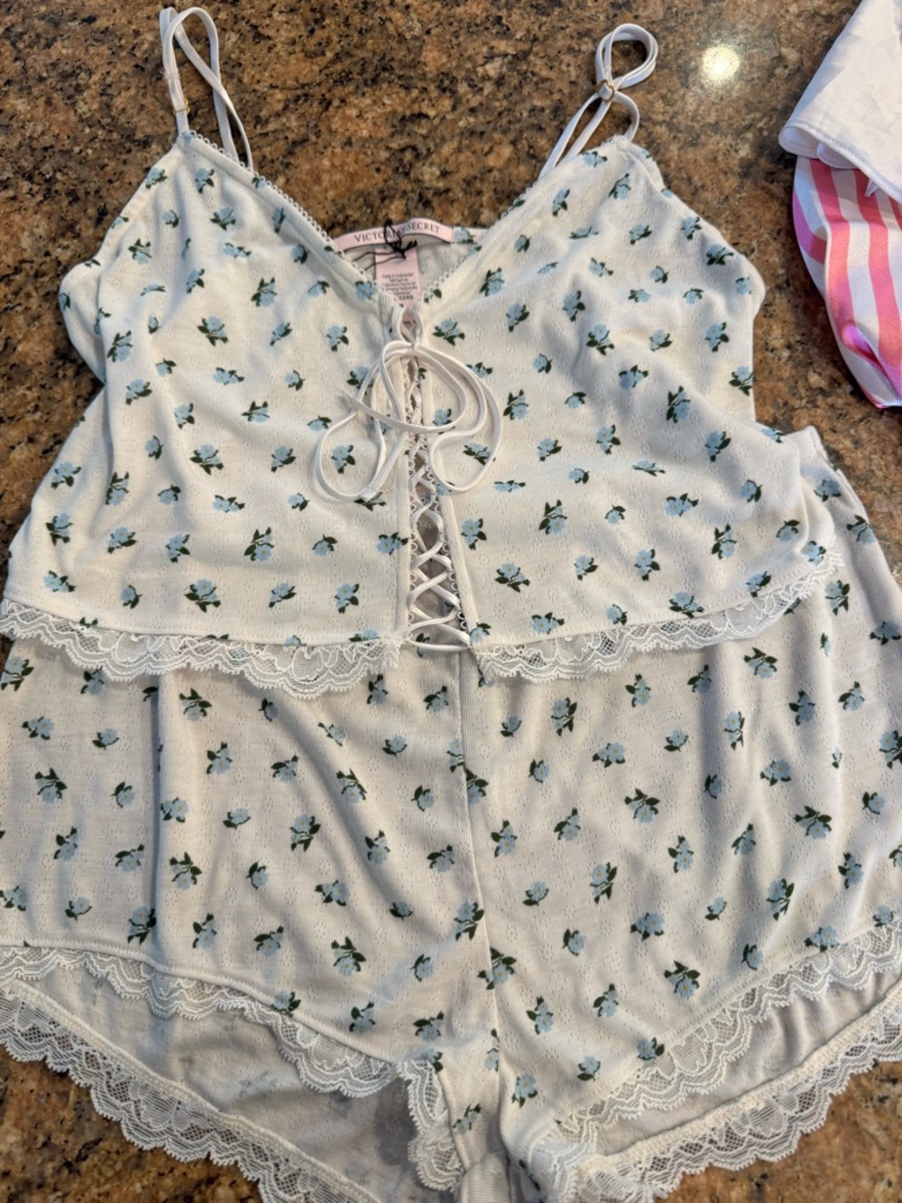 Victoria's Secret White Cami with Blue Floral Print and Lace